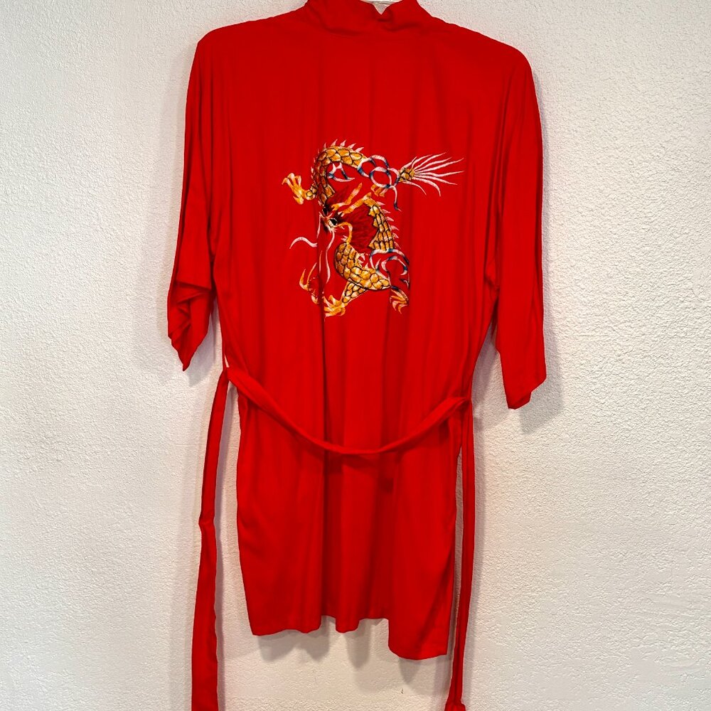 Womens Red Kimono Robe Embroidered Chinese Dragon Pockets Tied Waist Size Small